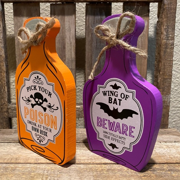 Halloween Potion Bottles Set Of 2, Pick Your Poison, Wing Of Bat, Wood Decor - Picture 4 of 16